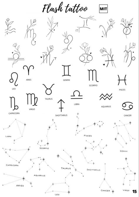 Pág 15 Flash Tattoo Zodiac, Zodiac Flash Sheet, Tiny Flash Tattoo Sheet, Simple Astrology Tattoos, Astrology Flash Tattoo, Cutie Tattoo Simple, Fine Line Tattoo Template, Virgin Tattoo Horoscope, Fine Line Tattoo Flash Sheet