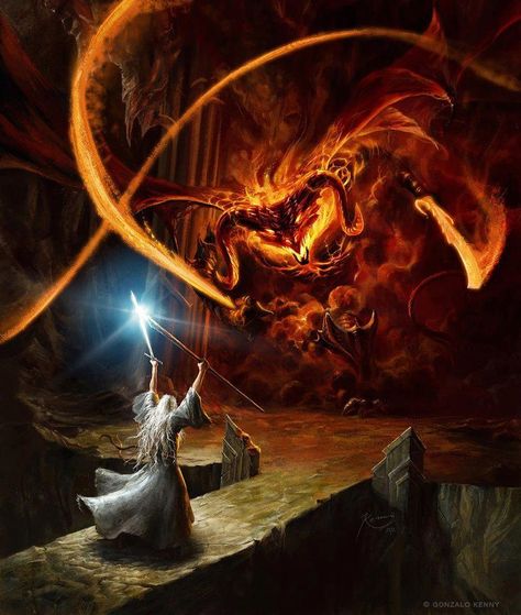 Gandalf battling the Balrog in Moria Gandalf, A Fire, A Man