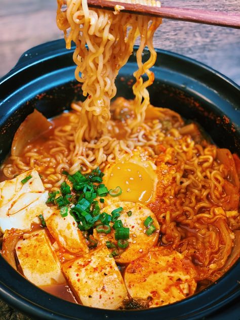 Korean Silken Tofu, Spicy Korean Ramen, Spicy Ramen Soup, Tofu Ramen, Spicy Broth, Tiffy Cooks, Spicy Korean, Silken Tofu, Easy Asian Recipes