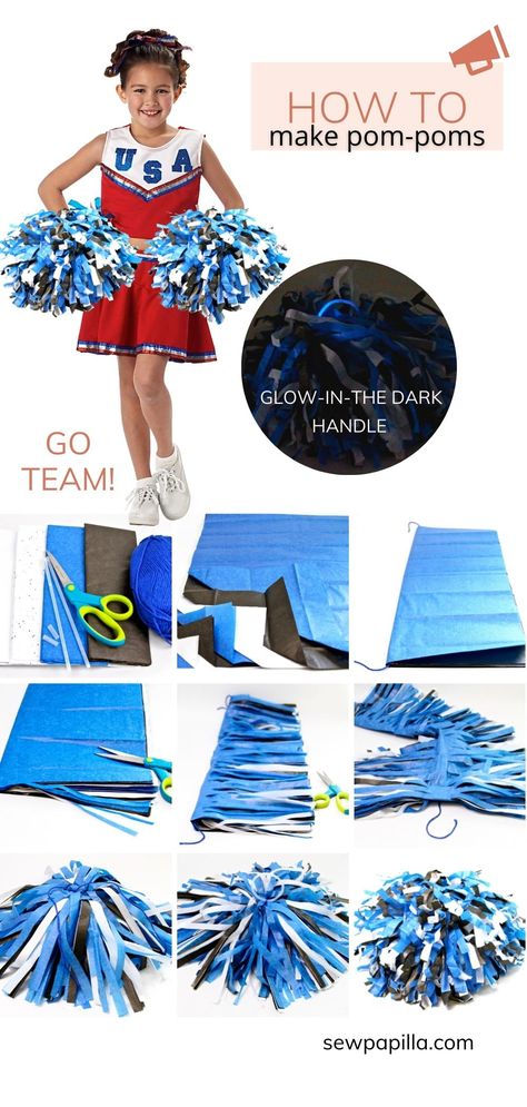 DIY CHEERLEADING POM POMS Pom Pom Cheerleading Diy, How To Make Cheer Pom Poms, Cheerleader Pom Poms Diy, How To Make Cheerleader Pom Poms, How To Make Pom Poms For Cheerleading, Diy Pom Poms Cheerleader, Diy Cheerleader Costume, Cheerleader Costume Kids, Cheerleading Diy