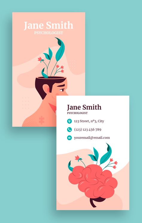 Cute Hand-drawn Jane Smith Psychologist Business Card Business Card Psychology, Psychologist Advertising, Psychologist Business Card Design, Psychologist Branding, Therapist Business Cards, Psychology Business Card, Psychologist Business Card, Degree Card, Psychologist Logo