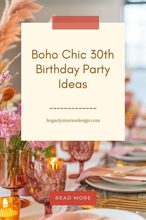 Get inspired with dreamy Bohemian decor ideas for a chic 30th birthday celebration. Perfect for naturally elegant and memorable parties, featuring earthy elements and vibrant colors. Boho Style Party Decor, Intimate 30th Birthday Ideas, Thrift Party Theme, Bohemian 40th Birthday Party, Natural Birthday Decorations, Vintage Floral Birthday Party, 30th Birthday Inspiration, 30th Birthday Color Scheme, Spring Birthday Decorations