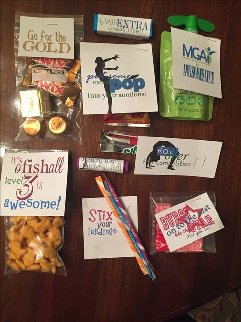 Gymnastics Favors Goody Bags, Gymnastics Spirit Gifts, Gymnastics Treats Good Luck, Gymnastics Goody Bag Ideas, Good Luck Gifts For Gymnasts, Gymnastic Goodie Bag Ideas Team Gifts, Gymnastics Gift Ideas Goodie Bags, Dance Competition Team Gifts, Dance Swag Bag Ideas