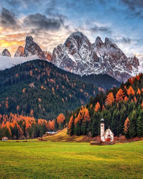 Adam Kyle Jackson on Instagram: “Fall Foliage Sunrise in the Dolomites at the Church of St. John Processed using @dxolabs Nikon D850 Nikkor 24-70mm ISO 64 f/8 9…” Pastel Background Wallpapers, Nikon D850, Italian Alps, The Dolomites, Italy Holidays, South Tyrol, Beautiful Places On Earth, City Landscape, Photography Instagram