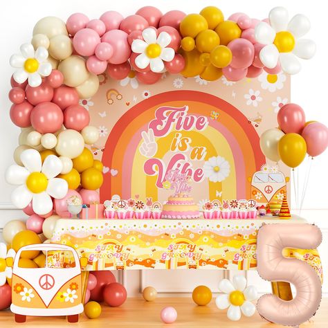 PRICES MAY VARY. 【GROOVY BRIGHT 5TH BIG DAY】🌼 Celebrate this wonderful day with a trendy and cute party! Orange and pink, with lovely daisy create a warm atmosphere. This boho decoration is perfect for your little sweetie’s birthday party and a fun way to make a difference for everyone involved! 【FIVE IS A VIBE BIRTHDAY PARTY DECORATIONS GIRL SET】🧡 80 x 12’’ latex balloons, 40 x 5’’ latex balloons, 6 x daisy foil balloons, 1 x number ‘5’ foil balloon, 1 x ‘Five is a Vibe’ backdrop, 1 x tablecl 5 Is A Vibe Birthday Party Decor, Eight Is A Vibe Birthday, Seven Is A Vibe Birthday, Five Is A Vibe Birthday Cake, 5 Is A Vibe Birthday Party, Five Is A Vibe Birthday Party, 5th Birthday Ideas For Girls Themes, Vibe Birthday Party, Backdrop Balloon Garland