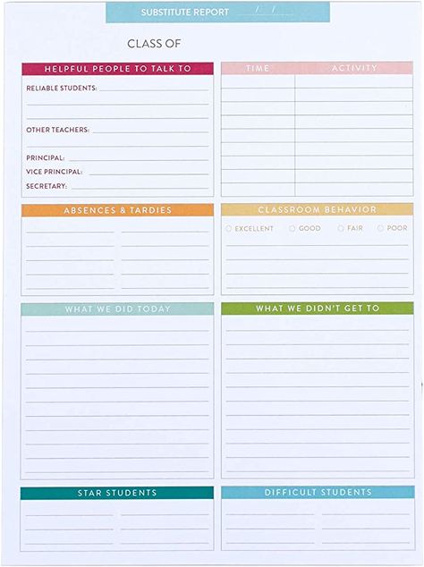 Substitute Teacher Forms, Notes For School, Classroom Setup Elementary, Teacher Forms, Communication Log, Teacher Notepad, Teacher Lesson Planner, Substitute Teaching, Teacher Must Haves