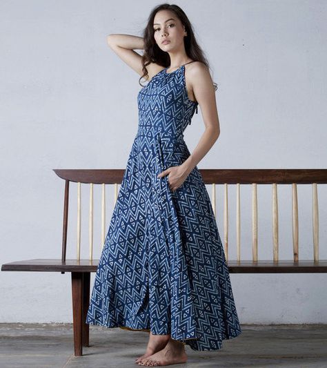 Indigo block-printed racer back gown by KharaKapas on Etsy Classic Wear, Casual Frocks, Frock Fashion, Long Frock, Sari Dress, Frock For Women, Salwar Designs, Long Kurti Designs, Long Dress Design