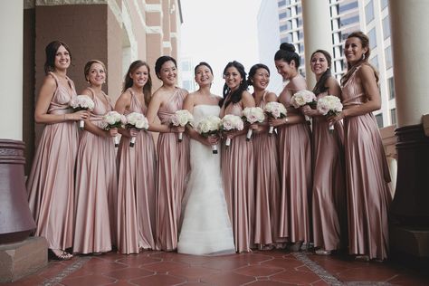 rosewater ballgowns | twobirds Bridesmaid Dress | a real wedding featuring our multiway, convertible dresses Old Rose Bridesmaid Dress, Old Rose Wedding, Wedding Day Meme, Old Rose Dress, Dusty Pink Bridesmaid Dresses, Pink Wedding Colors, Bridesmaids Dress Inspiration, Rose Bridesmaid Dresses, Dusty Rose Wedding