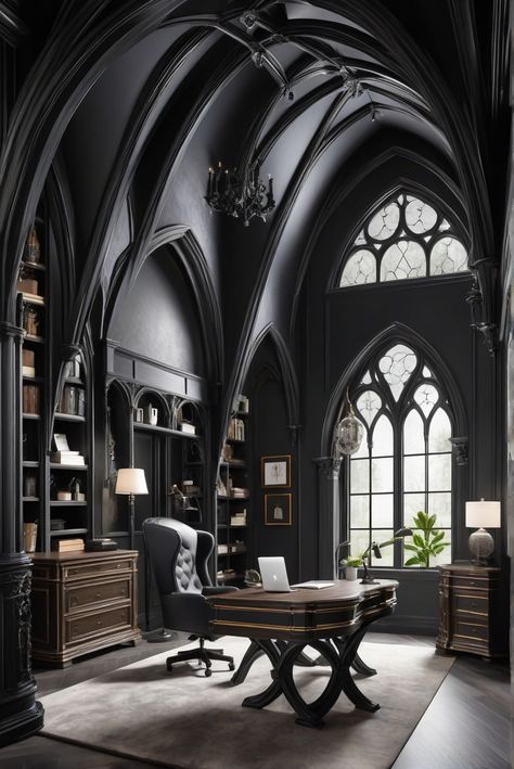 Step into the mystique of Gothic Arch (2047-10) with Midnight Archways and Top Paint 2024 for an interior designer's daily routine filled with elegant drama. #Ad #homedecor #homedesign #trendgirlApartment #Painthome #interiorarchitecture Wall Colors Green Room Colors Bright Room office Colors Apartment Renovation Home office Remodeling Modern Paint Colors 2024 Gothic Architecture Interior Design, Gothic Interior Design Modern, Modern Gothic Interior Design, Modern Gothic Interior, Spooky Office, Goth Interior Design, Gothic Architecture Interior, Paint 2024, Goth Interior