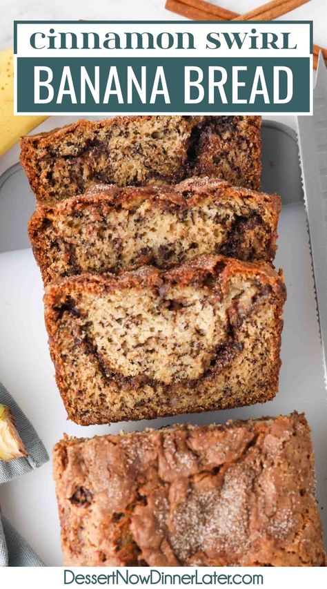 This easy Cinnamon Swirl Banana Bread recipe takes regular banana bread to a whole new level of delicious with a layer of cinnamon sugar in the middle, and as a flavorful crust on top. Cinnamon Swirl Banana Bread, Cinnamon Banana Bread, Cinnamon Bread Recipe, Cinnamon Swirl Bread, Homemade Banana Bread, Meal Prep Snacks, Cinnamon Recipes, Chocolate Chip Banana Bread, Cinnamon Bread