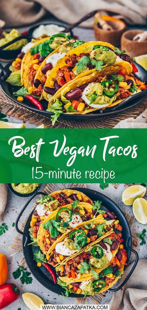 This Best Mexican Street Tacos Recipe with vegan ground beef, beans, corn and taco shells is quick and easy to make, delicious and healthy! #taco #tacos #tortillas #mexicanfood #easyrecipes #recipes #veganrecipes #vegetarian #food #vegan #healthyrecipes | biancazapatka.com Vegan Al Pastor Tacos, Vegan Carne Asada Tacos, Corn Shell Tacos, Vegan Street Tacos, Traditional Tacos, Mexican Street Tacos, Street Tacos Recipe, Taco Shell Recipe, Vegan Tacos Recipes