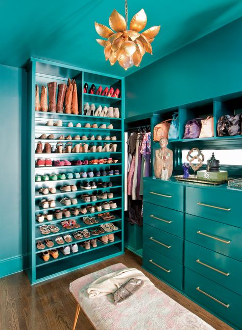 Room Envy: One bold, colorful closet in Virginia-Highland - Atlanta Magazine Teal Closet, Bright Closet Paint, Teal Walk In Closet, Colorful Closet, Eclectic Walk In Closet, Maximalist Closet, Maximalist Closet Organization, Small Bathroom Inspiration, Black Tile Bathrooms