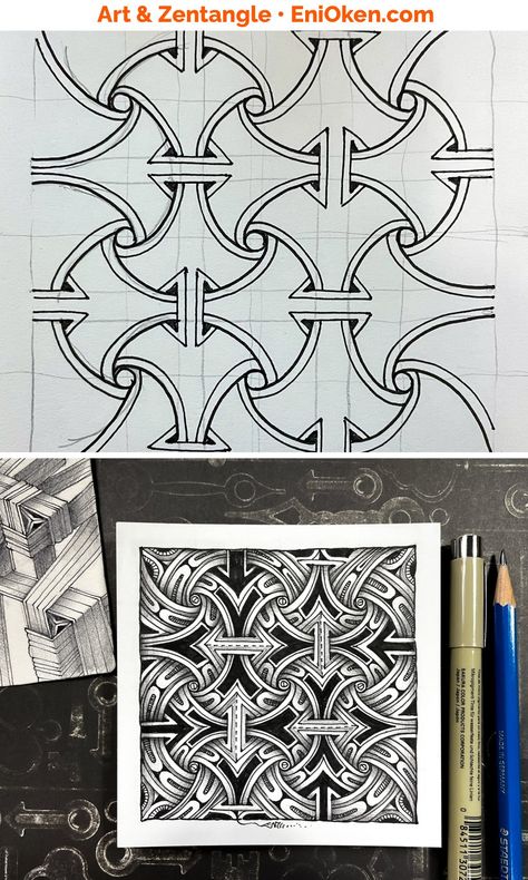 Pattern Art Geometric, Unique Zentangle Drawings, Zentangle Art Ideas, Gothic Tracery, Zen Patterns, Geometric Patterns Drawing, Eni Oken, Art Zentangle, Zentangle Tutorial