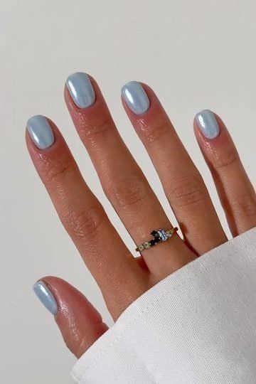 Chrome Nails, chrome nail ideas, metallic nails, glazed donut nails, classy nails, baby blue chrome nails, blue nails Short Summer Chrome Nails, Short Baby Blue Nail Ideas, Unique Prom Nails, Soft Spring Nails, Short Summer Dip Nails, Pastel Blue Nails Short, Blue Chrome Nails Short, Extra Short Nails Ideas, Simple Square Acrylic Nails