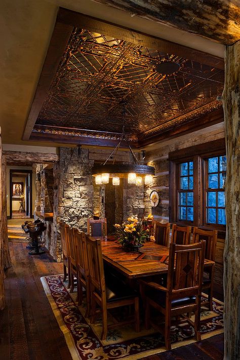 Log cabin dining room crafted from stone and reused materials [Design: Teton Heritage Builders] Log Cabin Homes, Cabin Dining Room, Log Cabin Designs, Build House, Best Modern House Design, Log Cabin Decor, Real Estat, Rustic Dining Room, Rustic Home Design