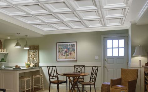 Coffered Ceiling Panels | Armstrong Easy Elegance. Using both drywall and suspended ceiling. Plastic Ceiling Panels, Low Ceiling Basement, Pvc Ceiling Tiles, Plastic Ceiling, Drop Ceiling Tiles, Armstrong Ceiling, Decorative Ceiling Tile, Inexpensive Decor, Beadboard Ceiling