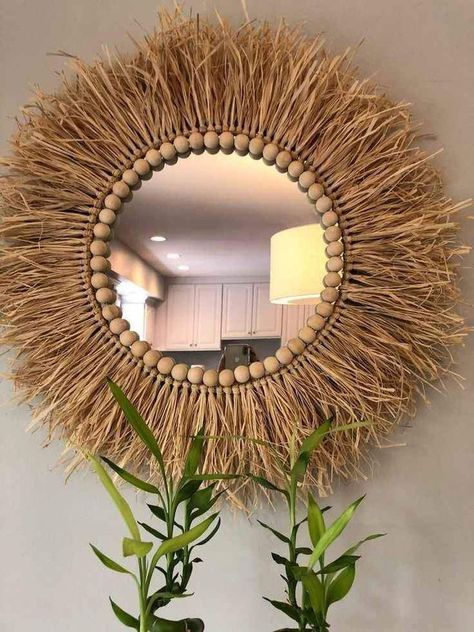 Wall Macrame Hanging, Raffia Crafts, Raffia Mirror, Wall Hanging Decorations, Mirror Wall Hanging, Boho Mirror, Interior Design Bohemian, Boho Crafts Diy, Deco Boheme