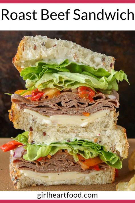 Piled high on multi-seed bread, this cold roast beef sandwich recipe includes plenty of shaved roast beef cold cuts, roasted red peppers, lettuce, red onion and Monterey Jack cheese. So easy and tasty, this simple roast beef sandwich makes for such a satisfying lunch any day of the week. Beef Sandwich, Roast Beef, Roast Beef Sandwich Recipes, Cold Sandwich Recipes, Roast Beef Sandwich, Cold Sandwiches, Easy Snack Recipes, Roasted Peppers, Wrap Sandwiches