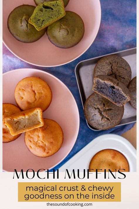 easy mochi muffin (cupcakes) with a magical crust • The Sound of Cooking M M Recipes Desserts, Sweet Rice Flour Recipes Desserts, Mochi Flour Recipes, Peanut Butter Mochi Recipe, Mochiko Flour Recipes, Sweet Potato Mochi Recipe, Gluten Free Mochi, Mochi Cookie Recipe, Lemon Mochi