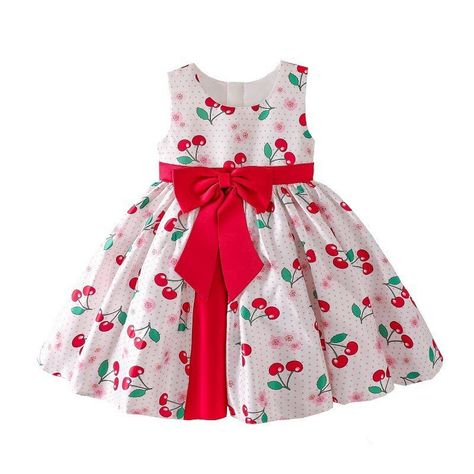 Cheap Party Dresses, Girls Floral Dress, Girls Casual Dresses, Party Dresses Online, Cherry Dress, Childrens Dress, Cherry Print, Big Bow, Dress Girl