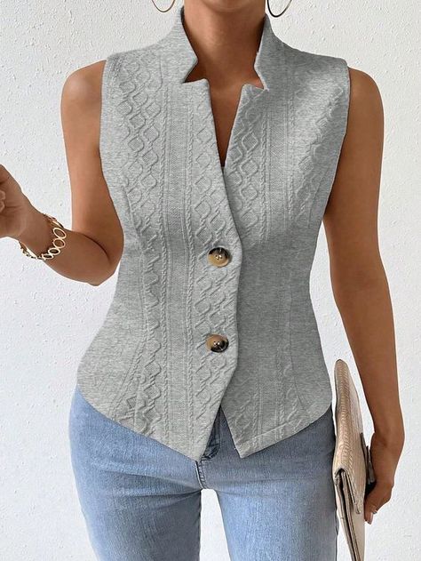 French Style Solid Color Jacquard Vest Jacket Grey Elegant  Sleeveless Fabric Plain vest Non-Stretch  Women Plus Clothing, size features are:Bust: ,Length: ,Sleeve Length: Business Casual Vest, Beige Blazer Outfit, Casual Work Outfit Spring, Plain Vest, Stylish Work Attire, Style Français, Women Blouses Fashion, Fashion Design Patterns, Girls Vest