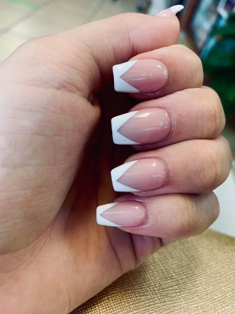 V French Tip Short Nails, Square V French Tip Nails, Shirt Coffin French Tip Nails, Different Shape French Tip Nails, Short Coffin V French Tip Nails, Square V French Tip Acrylic Nails, Crisscross French Tip Nails, V Manicure French Tips, Pink French V Tip Nails