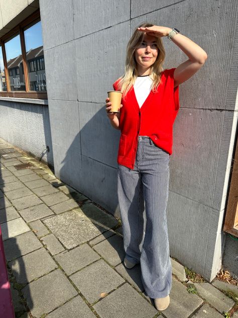 Cashmere knit, fall fashion, casual outfit Red Knit Vest Outfit, Red Sweater Vest Outfit, Cardigan Vest Outfit, Red Birkenstock, Red Vest Outfit, Casual Outfit Fall, Knit Vest Outfit, Fall Fashion Casual, Sweater Vest Outfit