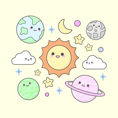 Sun And Moon Cute Drawing, Cute Planets Drawing, Cute Sun Doodle, Cute Space Drawings, Cute Planet Drawings, Cute Clouds Drawing, How To Draw A Moon, Cute Space Doodles, Space Drawings Easy