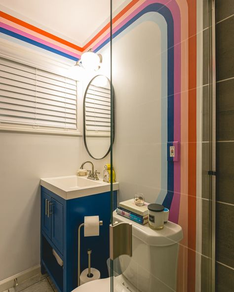 Post Image Mid Century Modern 70s Retro, 70s Theme Bathroom, Mid Century Modern Bedroom Colorful, Small Bathroom Mural, Mid Century Modern Mural, Mid Century Mural, Motel Remodel, Retro Modern Bathroom, Mid Century Modern Accent Wall