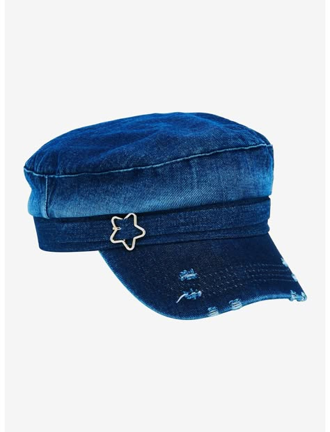 Blue Denim Star Buckle Cadet Hat | Hot Topic Blue Accessories Aesthetic, Brando Hat, Blue Objects, Star Clothes, Y2k Hats, Space Accessories, Star Accessories, Teal Hat, Trendy Hats