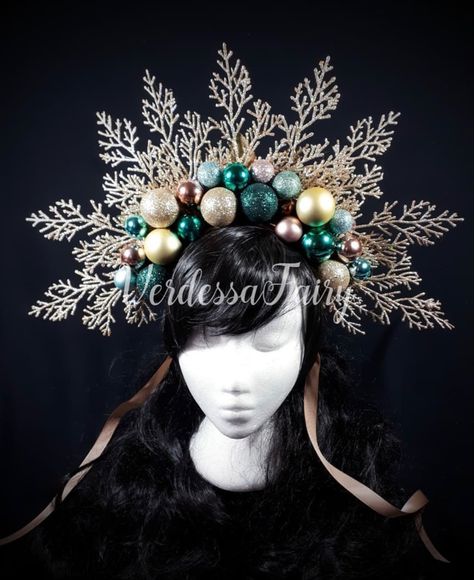 Christmas Goddess, Yule Goddess, Gold Headdress, Goddess Headdress, Showgirl Headdress, Blue And Gold Christmas, Holiday Headpiece, Christmas Headdress, Christmas Headpiece