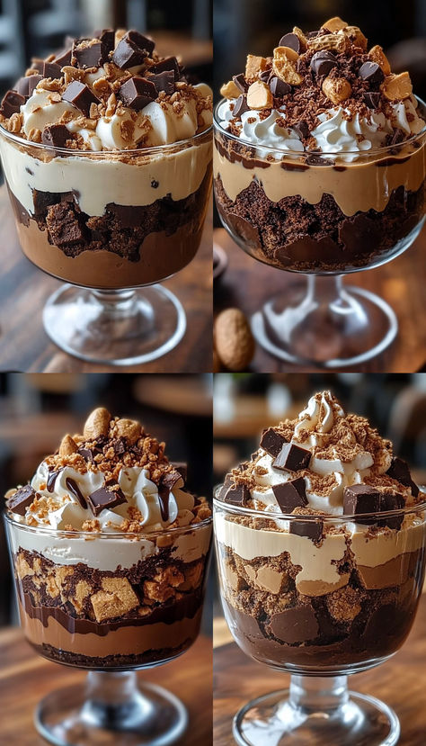 This decadent Chocolate Peanut Butter Brownie Trifle is packed with rich brownies, creamy peanut butter mousse, and chocolate pudding. Perfect for chocoholics and peanut butter lovers alike! Chocolate Peanut Butter Dessert Cups, Chocolate Mousse Trifle Desserts, Peanut Butter Chocolate Trifle, Gourmet Chocolate Peanut Butter Cups, Brownie Trifle Recipes, Chocolate Mousse Brownies Recipe, Chocolate Peanut Butter Trifle, Peanut Butter Brownie Trifle, Peanut Butter Chocolate Mousse