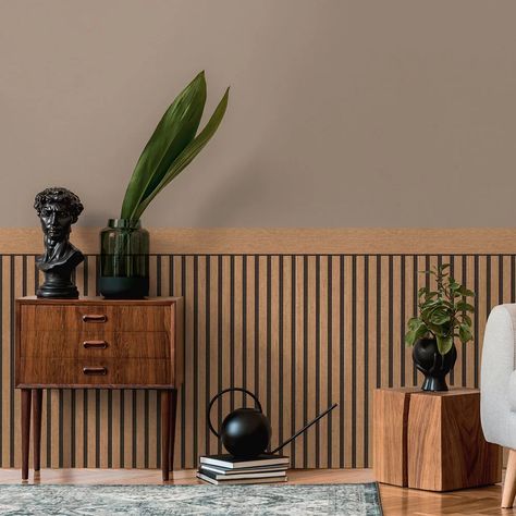 Discover endless ways to create ontrend looks with this innovative dado panel. To create the appearance of natural wood panelling this wallpaper is hung on the lower part of the wall and measures 1.6m height replicating a real panelled finish. Supplied in 5m rolls which can be joined seamlessly around the room. Wood Panelling Hallway, Office With Wood Paneling, Bedroom Wood Panelling, Wooden Wall Panelling Design Living Room, Office Panelling Design, Wall Wooden Panelling, Wooden Panels Walls, Hallway Wood Panelling, Modern Wood Paneling Walls