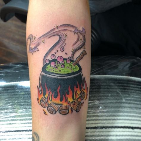 created by Tiny Tina @ west bottoms tattoo kc mo Couldren Tattoo, Cauldron Tattoo, Fall Tattoos, Burnt Marshmallow, Cupcake Tattoos, Best Cover Up Tattoos, Halloween Cauldron, Autumn Tattoo, Tiny Tina