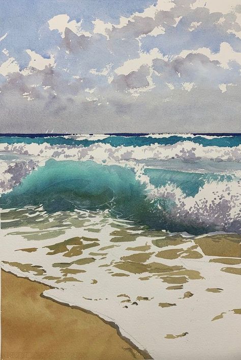 Discover the joy of creating stunning landscapes with simple techniques. ✨ Want to get started? Check out my blog for a beginner's art kit guide. Let's unleash your creativity together! 💧🌿 Beach Watercolour Painting, Watercolor Ocean Art, Sea Shore Drawing, Watercolor Ocean Painting, Beach Watercolor Paintings, Beach Painting Watercolor, Beach Waves Painting, Good Morning Ocean, Watercolour Seascapes