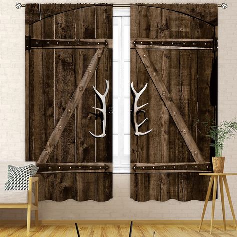 PRICES MAY VARY. 100% Polyester 【UIQUE DESIGN】: Wooden Garage Barn Door combined with high-quality printing technology, giving your the confidence and hope for future life. 【PREMIUM QUALITY】：100% Polyester. Per set including 2 panels. Rod Pocket 【USAGE】：Feature high performance on room darkening, can block out about 80% light, eco-Friendly. 【ITEM INCLUDES】: 2 decorative window curtain panels. Each panel measures 42 (W) x 63(L). The pair of 2 panels together measures 84" (W) x 63" (L) . 【EASY CAR Barn Wood Door, Wooden Barn Doors, Western Bedroom Decor, Western Bedroom, Cheap Curtains, Wooden Garage, Rustic Barn Door, Door Kitchen, Types Of Curtains