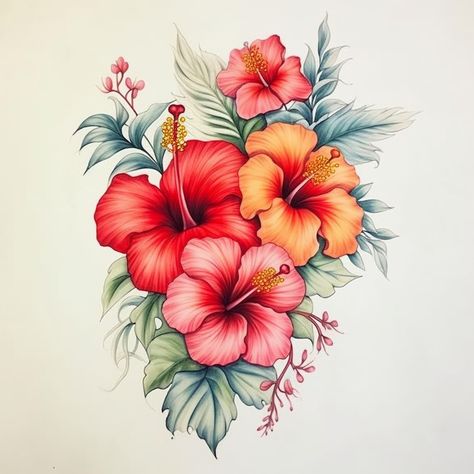 Hibiscus Tattoo Design, Exotic Flower Tattoos, Tropical Flower Tattoos, Hawaiian Flower Tattoos, Tattoo Design For Women, Plumeria Tattoo, Hibiscus Flower Tattoos, Rose Drawing Tattoo, Hibiscus Tattoo