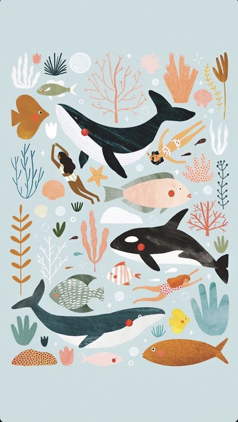 Slice Ideas, Coastal Pattern, Sea Illustration, Children's Illustration, Art Et Illustration, Drawing Inspo, Narwhal, Childrens Illustrations, Kids Prints