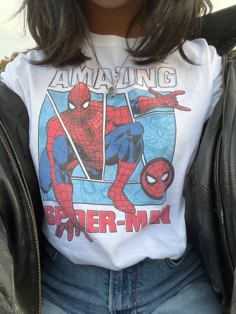 clothing, clothes, the amazing spiderman tshirt Spiderman Tshirt, Spiderman Outfit, The Amazing Spiderman, Spiderman Shirt, Black Spiderman, Girl Braids, Winter Inspo, Birthday Wishlist, Junk Drawer