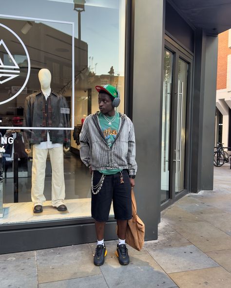 This fit is a journey through decades and cultures, much like the streets we walk. I mean 🤷‍♂️ How do you blend trends in your style? Drop a 💚 if you’re feeling this outfit! Black jorts from @asos @asos_man keep it casual and warm-weather ready. Green tee 👕 from @boohoomanofficial and a grey denim zip up jacket from @bershka #bershkastyle completing the fit 🔥 Accessories game strong with a touch of bling from @cernucci and the oversized woven tote from @asos @nike & @officialnocta HOT STEP... Jorts Outfit, Fit Accessories, Asos Men, Green Tee, Outfit Black, Grey Denim, Workout Accessories, Zip Up Jacket, The Streets