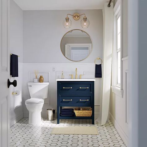 Lowes Bathroom Ideas, Small Guest Bathroom, White Small Bathroom, Lowes Bathroom, Bathroom Renovation Ideas, Modern Bathroom Light Fixtures, Terracotta Floor Tiles, Guest Bathroom Renovation, Bathroom Blue