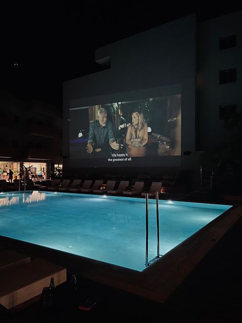 #movienight #movieposter #hotel #pool #aesthetic Hotel Movie Night, Rooftop Pool Aesthetic, Hotel Pool Aesthetic, Pool And Patio Ideas, Backyard Pool And Patio Ideas, Pool Landscaping Backyard, Pool Cinema, House Backyard Pool, Dark Home Aesthetic