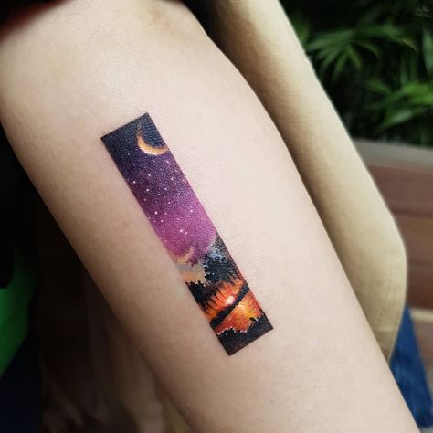 Rectangular Tattoo Ideas, Strip Tattoo, Violet Sunset, Cross Stitch Tattoo, Circular Tattoo, Sunset Tattoo, Bookish Tattoos, Sunset Tattoos, Stitch Tattoo