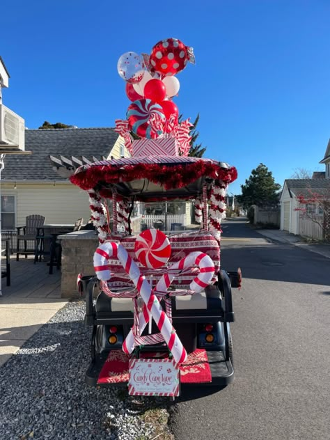 Golf Cart Christmas Parade, Golf Cart Christmas Decorations, Christmas Parade Car Decorations, Golf Cart Decorating Ideas Christmas Parade Floats, Rzr Christmas Parade Ideas, Atv Decorations For Parade, Decorating Golf Cart For Christmas, Christmas Decorated Golf Carts, Christmas Golf Cart