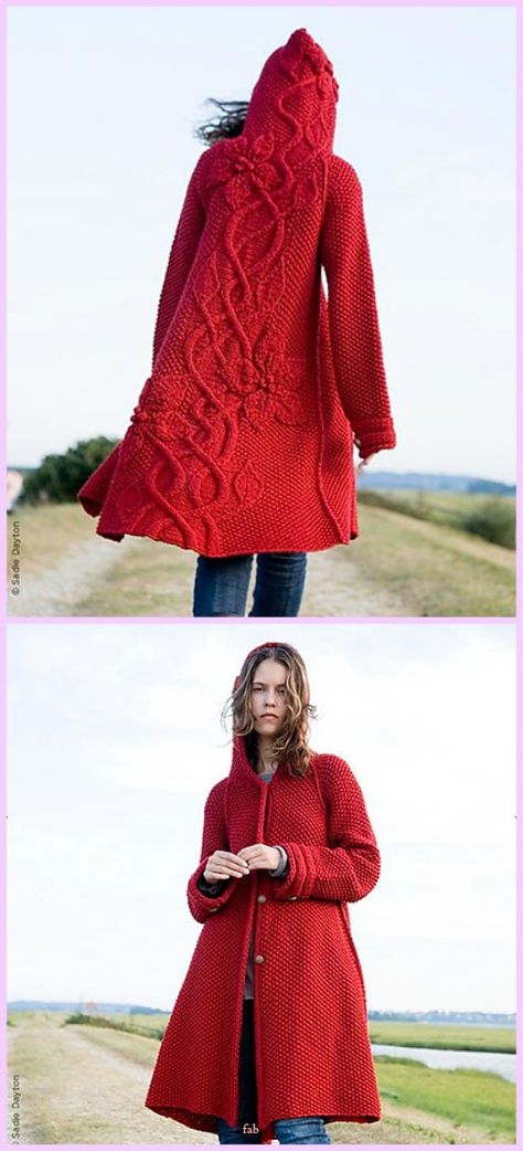 Knit Sylvi Flower Cardigan Coat Knitting Pattern with Video Tutorial Flower Cardigan, Red Cardigan, Coat Patterns, Knitted Coat, Red Coat, Red Sweater, Knitting Inspiration, Cardigan Coat, Crochet Sweater