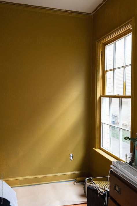 Process photo of room being painted a deep ochre yellow Ocher Walls Living Room, Bedroom Yellow Walls, Modern Yellow Bedroom, Ochre Bedroom, Oak Wood Trim, White Victorian, Interior Colors, Hand Photography, Ochre Yellow