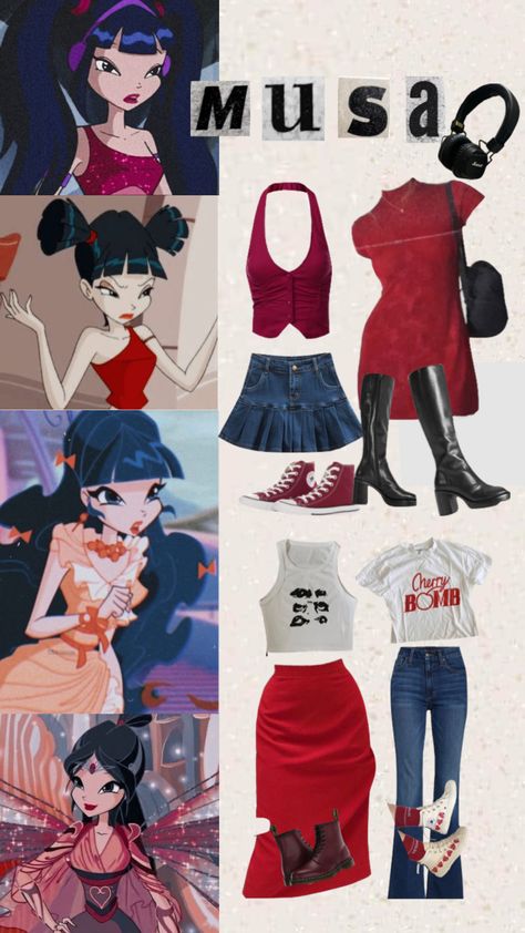 #musa #winx #winxclub #red #winxclubmusa #y2k #outfits #moodboard #myfirstshuffle Bratz Friends, Outfits Moodboard, Winx Cosplay, Character Redesign, Musa Winx, Cute Couple Halloween Costumes, Pretty Halloween, Bratz Inspired Outfits, Character Inspired Outfits