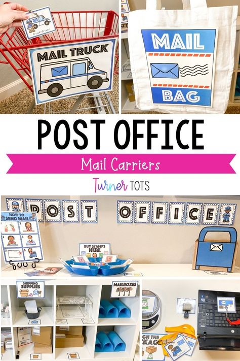 Diy Post Office Dramatic Play, Post Office Center For Preschool, Mail Activity Preschool, Postman Theme Preschool, Montessori, Mailroom Dramatic Play, Mail Pretend Play, Pretend Play School Classroom, Kindergarten Post Office Dramatic Play