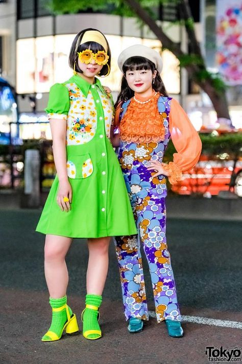 Colorful Retro-Vintage Floral Harajuku Street Fashion w/ Flower Glasses & Neon Socks Japan Street Fashion, Graduation Designs, Flower Glasses, Jumpsuit Sewing, Anne Boonchuy, Marcy Wu, Japan Fashion Street, Harajuku Street, Harajuku Fashion Street