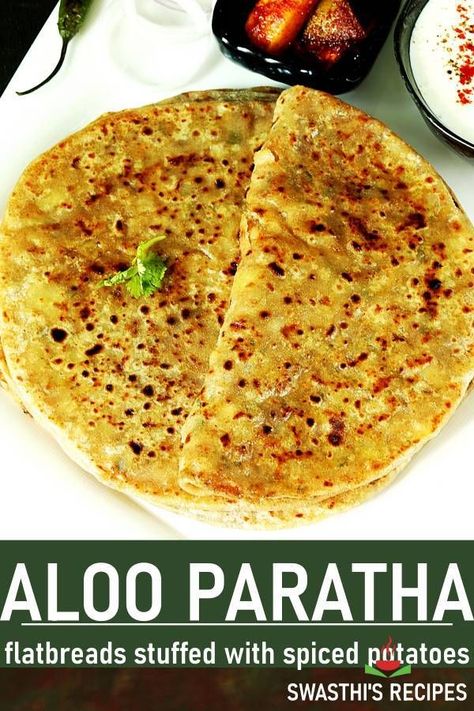 Aloo Paratha are Indian flatbreads made with a stuffing of spiced potatoes. These delicious parathas make a great weekend breakfast and go well with yogurt , pickle or chutney. #indian #alooparatha Healthy Tortillas, Gobi Paratha, Aloo Paratha Recipe, Paneer Paratha, Stuffed Paratha, Indian Bread Recipes, Potato Stuffed, Indian Dinner Recipes, Aloo Paratha